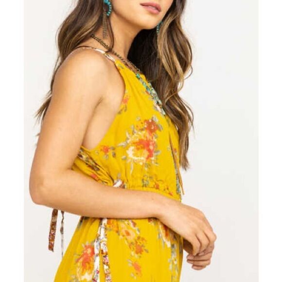 Free People Georgia Floral Chiffon Sleeveless Wide Leg Jumpsuit Gold Combo Sz S - Picture 5 of 15